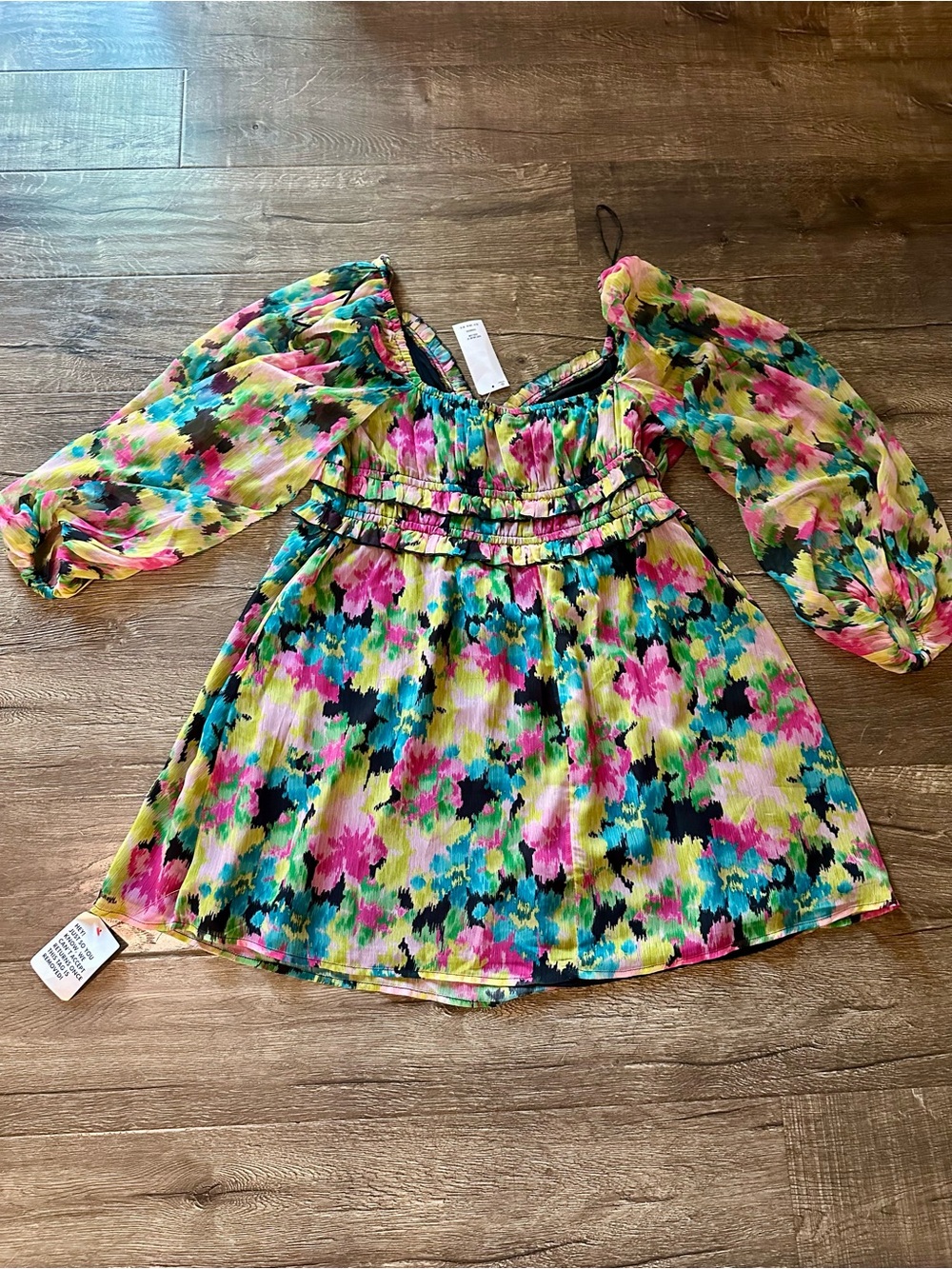 Miss Selfridge Floral Watercolor Long Sleeve Mini Dress in Pink, Blue & Green